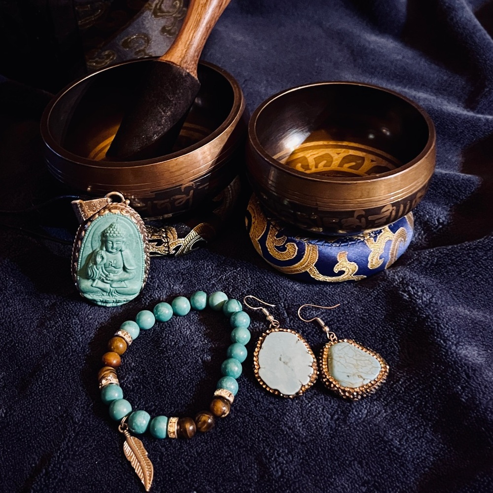 Buddha Pendant, Tigers Eye/ Howlite Bracelet & Clay & CZ Earring Set